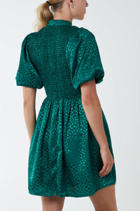 Green Puff Sleeve Shirred High Neck Mini Dress