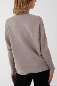 Mocha Roll Neck Ribbed Batwing Top