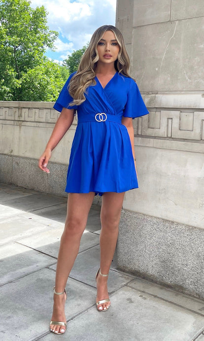 Alice Puff Sleeves Gold Buckle Playsuit Cobalt