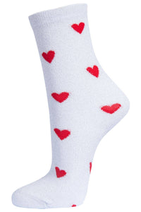 Womens Glitter Socks Red Heart Love Hearts Ankle Socks White
