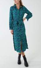 Load image into Gallery viewer, Green and Blue Abstract Zebra Print Midi Shirt Dress