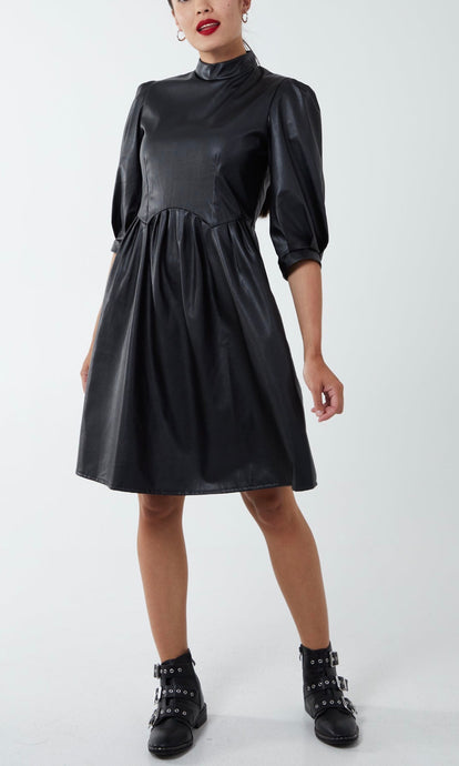 High Neck Puff Sleeve Faux Leather Dress