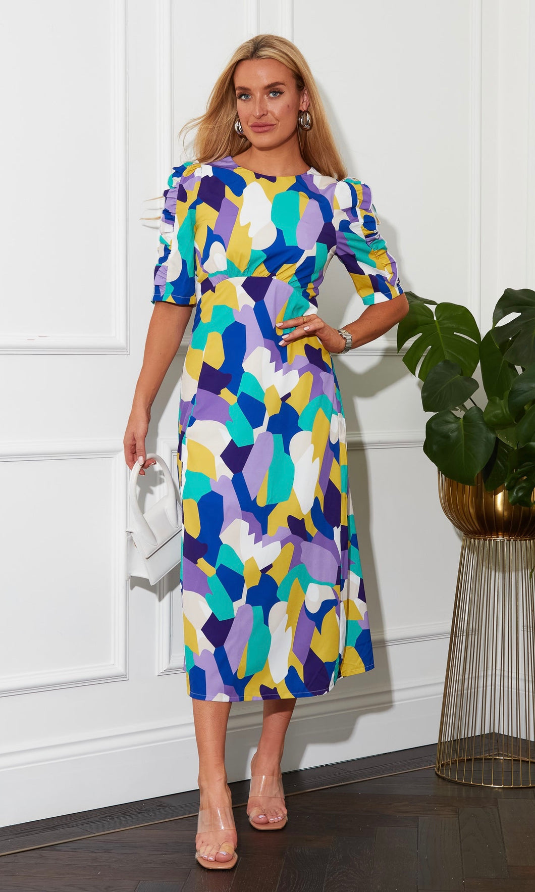 Samira Frill Sleeve Midi Dress Lilac Abstract