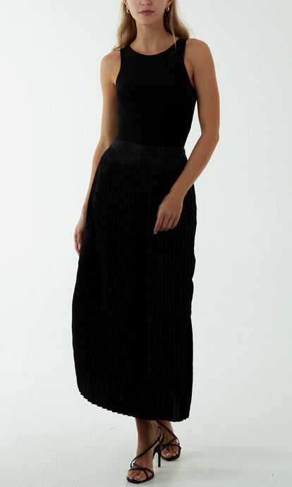 Leopard Satin Jacquard Pleated Midi Skirt
