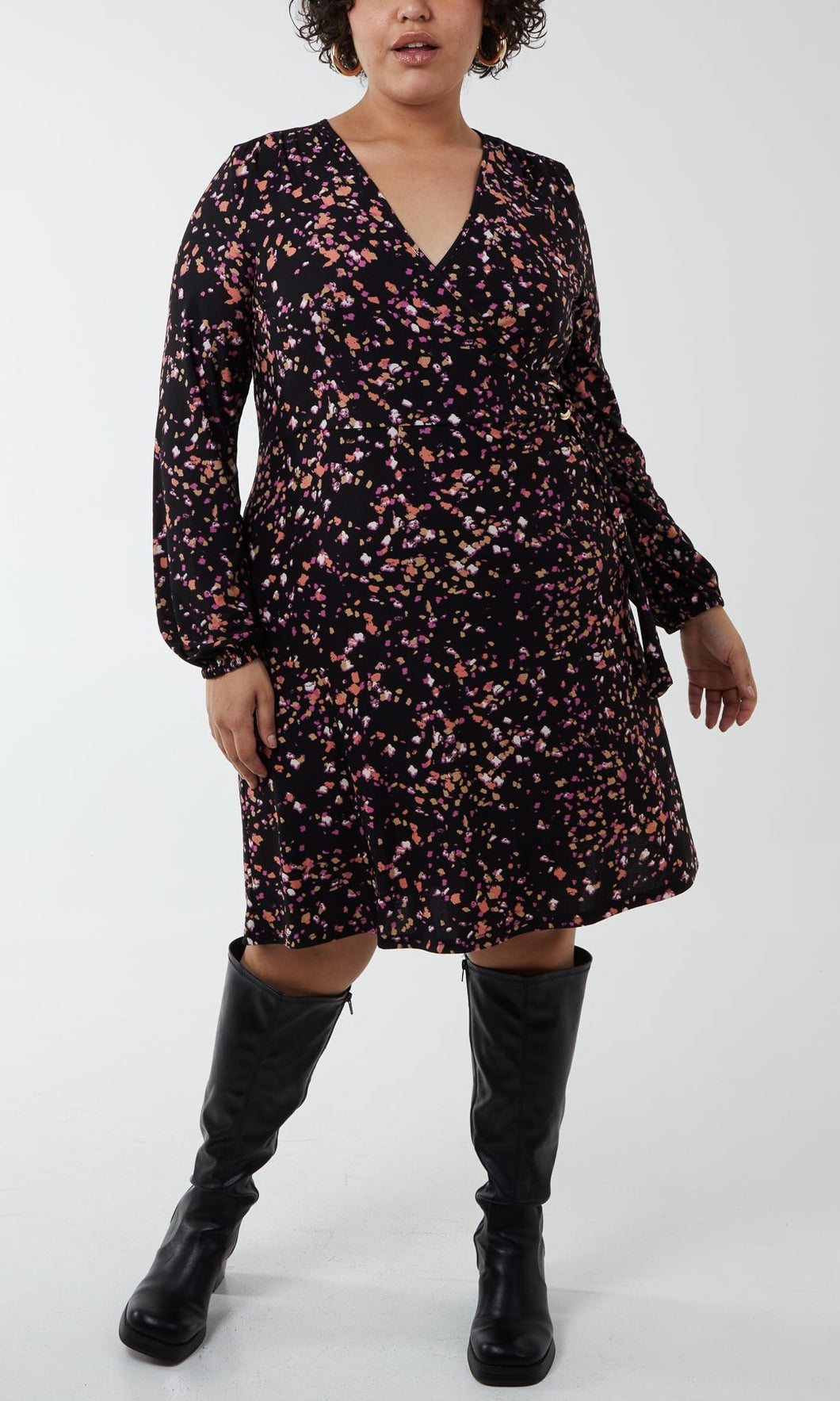 Curve Abstract Floral Buckle Front Wrap Dress
