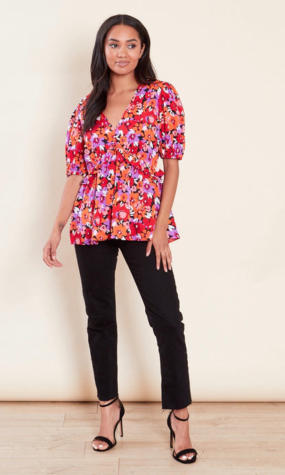 Floral Puff Sleeve Frill Smock Top