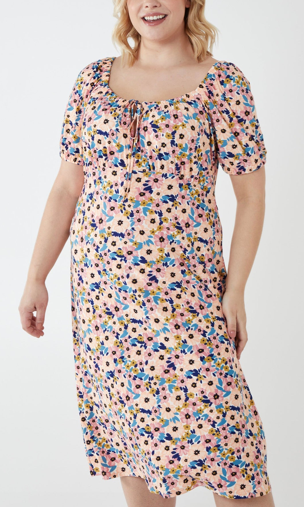 Curve Milkmaid Elasticated Neckline Flower Print Stretch Crepe Midi Dress