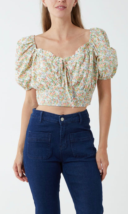 Floral Shirred Waist Milkmaid Crop Top