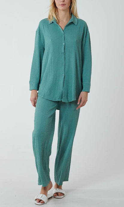 Green Waffle Shirt and Trouser Co-Ord Set