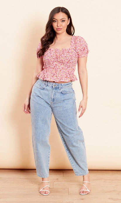 Pink Shirred Floral Crop Top Size 18