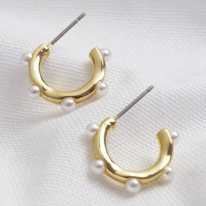 Gold Pearl Edge Hoop Stud Earrings