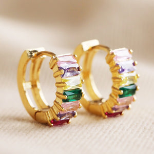 Rainbow Baguette Crystal Huggie Hoop Earrings
