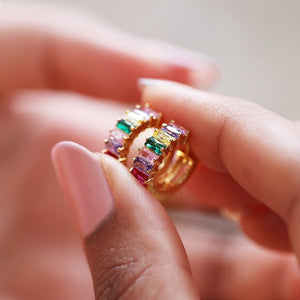 Rainbow Baguette Crystal Huggie Hoop Earrings